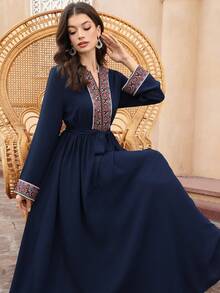 Al Najma Women's Notched Neck Belted Applique Elegant Long Sleeve Arabic Dress - Navy Blue - View 5