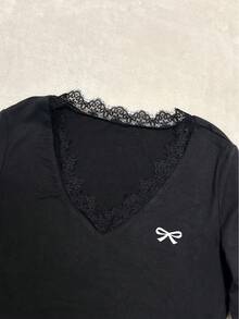 SHEIN EZwear Casual Minimalist Style White Bowknot Placement Print Deep V-Neck Lace Trim Fitted Long Sleeve T-Shirt, Suitable For Autumn/Winter Lace V Neck Top Black Long Sleeve Top Lace Undershirt Long Sleeve Black Sexy Tops Carnival - Multicolor - View 6
