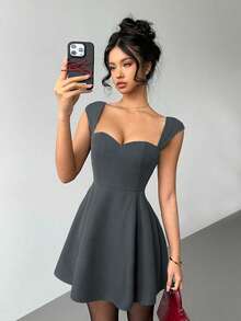 Aloruh Women's Sweetheart Neck Cap Sleeve Ruffle Hem Casual Mini Dress, Grey - Grey - View 3