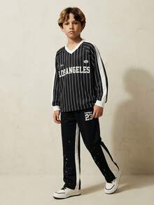 Casuvi Kids Tween Boys' Casual Black And White Striped Contrast Letter V-Neck Long Sleeve T-Shirt,Loose Fit Comfortable Streetwear School Autumn Back-To-School - Multicolor - View 5