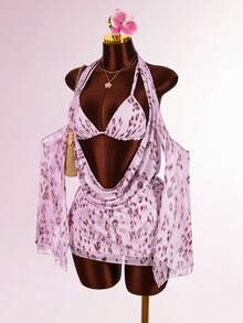 Amplova Women's Printed 2 Pieces Set, Plunging Neckline Sexy Long Sleeve Flare Sleeve Dress With Built-In Triangle Bra, Suitable For Vacation - Multicolor - View 4