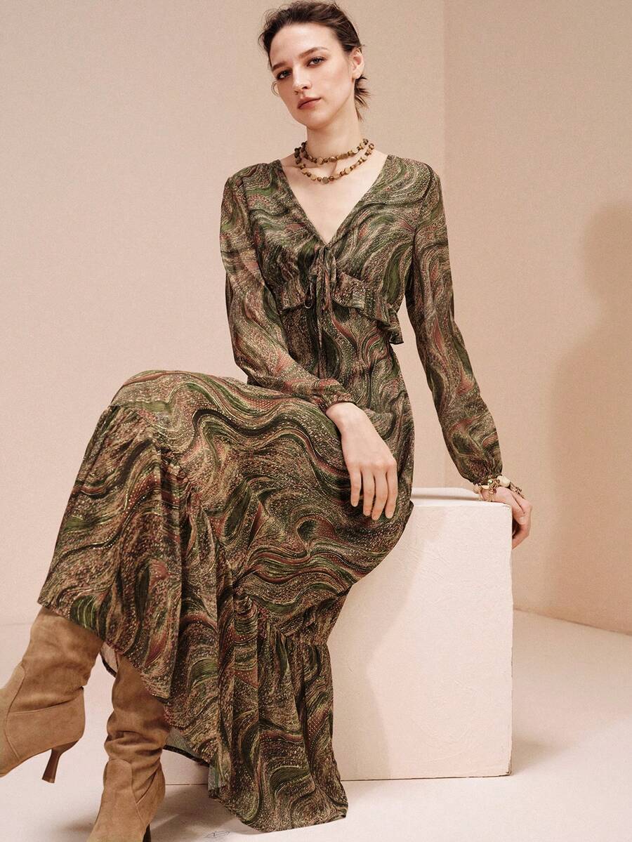 Arave 女士V领荷叶边系带设计优雅复古派对长袖连衣裙 - 彩色 - 查看 1