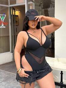 Swim SXY 大码性感黑色网纱拼接V领连体泳衣，适合海滩度假，春夏款 - 黑色 - 查看 7