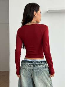 Coolane 女式冬季/秋季街头休闲比赛日返校休闲棉质撞色深蓝色圆领长袖T恤 - 酒紅色 - 查看 6