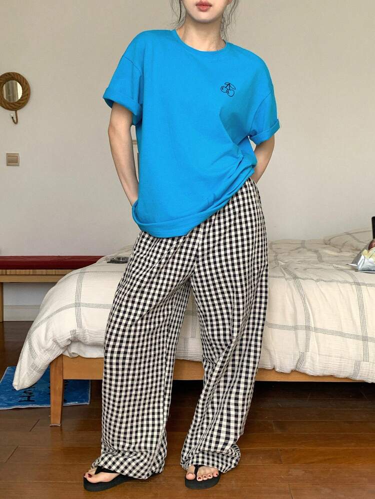 Cherry & Bear Print Loose Pajama Set, Includes Plaid Pajama Pants