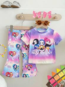 SHEIN 可爱迷你波点渐变奶油粉，趣味字母“可爱、聪明又有点戏剧化❤”女婴休闲简约短袖圆领T恤和喇叭裤套装，夏季穿搭，舒适百搭，适合秋季叠穿，时尚女婴，休闲装，女婴图案服装，返校季，秋季服装，返校节 - 彩色 - 查看 3