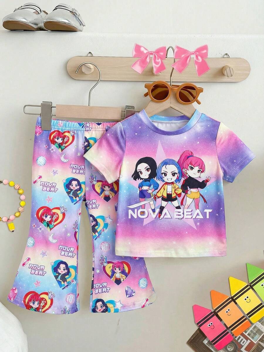 SHEIN 可爱迷你波点渐变奶油粉，趣味字母“可爱、聪明又有点戏剧化❤”女婴休闲简约短袖圆领T恤和喇叭裤套装，夏季穿搭，舒适百搭，适合秋季叠穿，时尚女婴，休闲装，女婴图案服装，返校季，秋季服装，返校节 - 彩色 - 查看 1