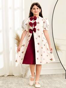 SHEIN 少女碎花泡泡袖撞色A字短袖连衣裙 - 杏色 - 查看 6