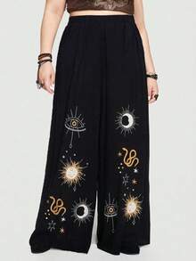 ROMWE Quần ống rộng màu đen in họa tiết ngôi sao, mặt trăng và mắt rắn theo phong cách Gothic, kiểu dáng rộng rãi, thoải mái, cỡ lớn. - màu đen - Xem 2