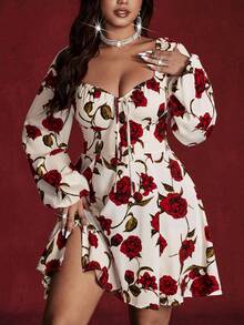 Viva Relle 大码优雅印花甜心领灯笼袖连衣裙，秋季 - 紅白色 - 查看 1