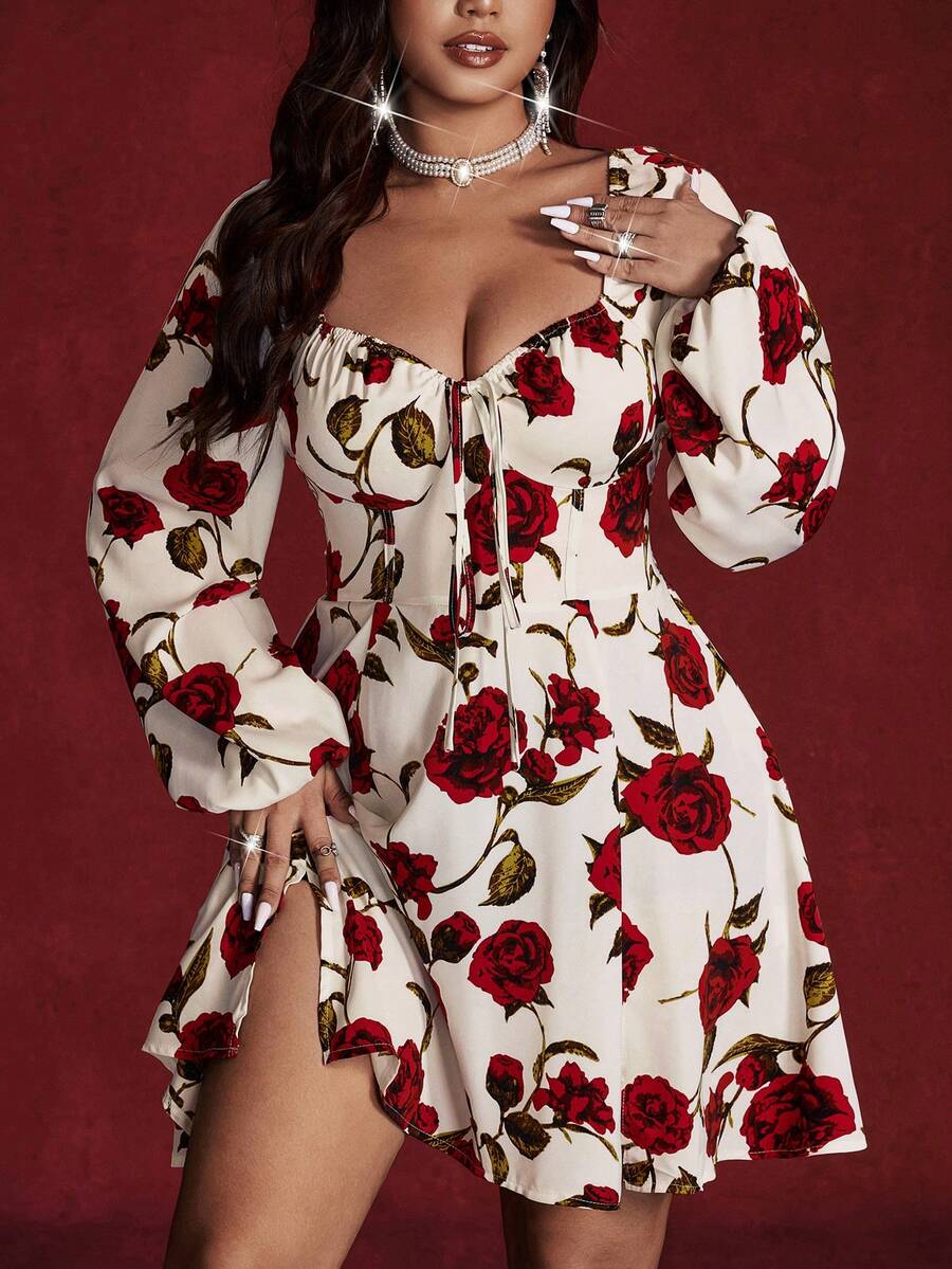 Viva Relle 大码优雅印花甜心领灯笼袖连衣裙，秋季 - 紅白色 - 查看 1