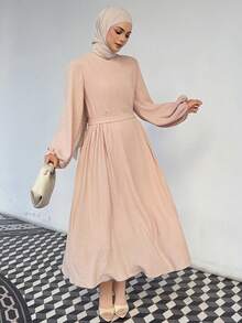 DAZY Vestido Elegante Feminino de Cor Sólida, Texturizado, Gola Redonda, Manga Farol, Cinto, Vestido de Verão - Damasco - Visão 1