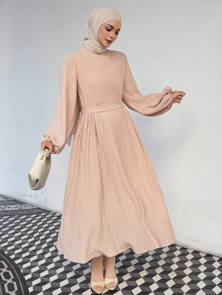 DAZY Vestido Elegante Feminino de Cor Sólida, Texturizado, Gola Redonda, Manga Farol, Cinto, Vestido de Verão - Damasco - Visão 1