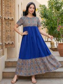 SHEIN Đầm dài tay ngắn, kiểu dáng chắp vá, mới, thích hợp cho các lễ hội, tiệc tùng và mặc hàng ngày, áo choàng Abaya truyền thống Trung Đông dành cho nữ tuổi teen. - Màu xanh lam - Xem 4