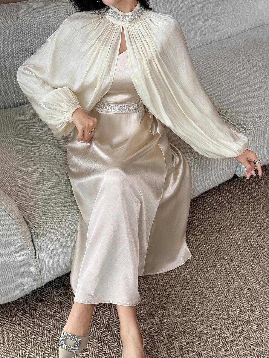 DAZY Women's Elegant Sleeveless Patchwork Dress With Mandarin Collar & Lantern Sleeve Cover Up Set, Autumn/Winter - Beige - View 1