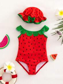 SHEIN Young Girls Watermelon Seed Print Swimsuit And Hat Set, Suitable For Outdoor Vacation, Swimming, Hot Spring, Beach, Surfing, Spring/Summer - Red - View 7