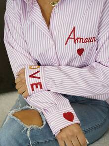 SAYEHFBABY Classic Striped Long Sleeve Shirt, Delicate Embroidered Pattern, Loose & Comfortable Fit - Pink - View 3