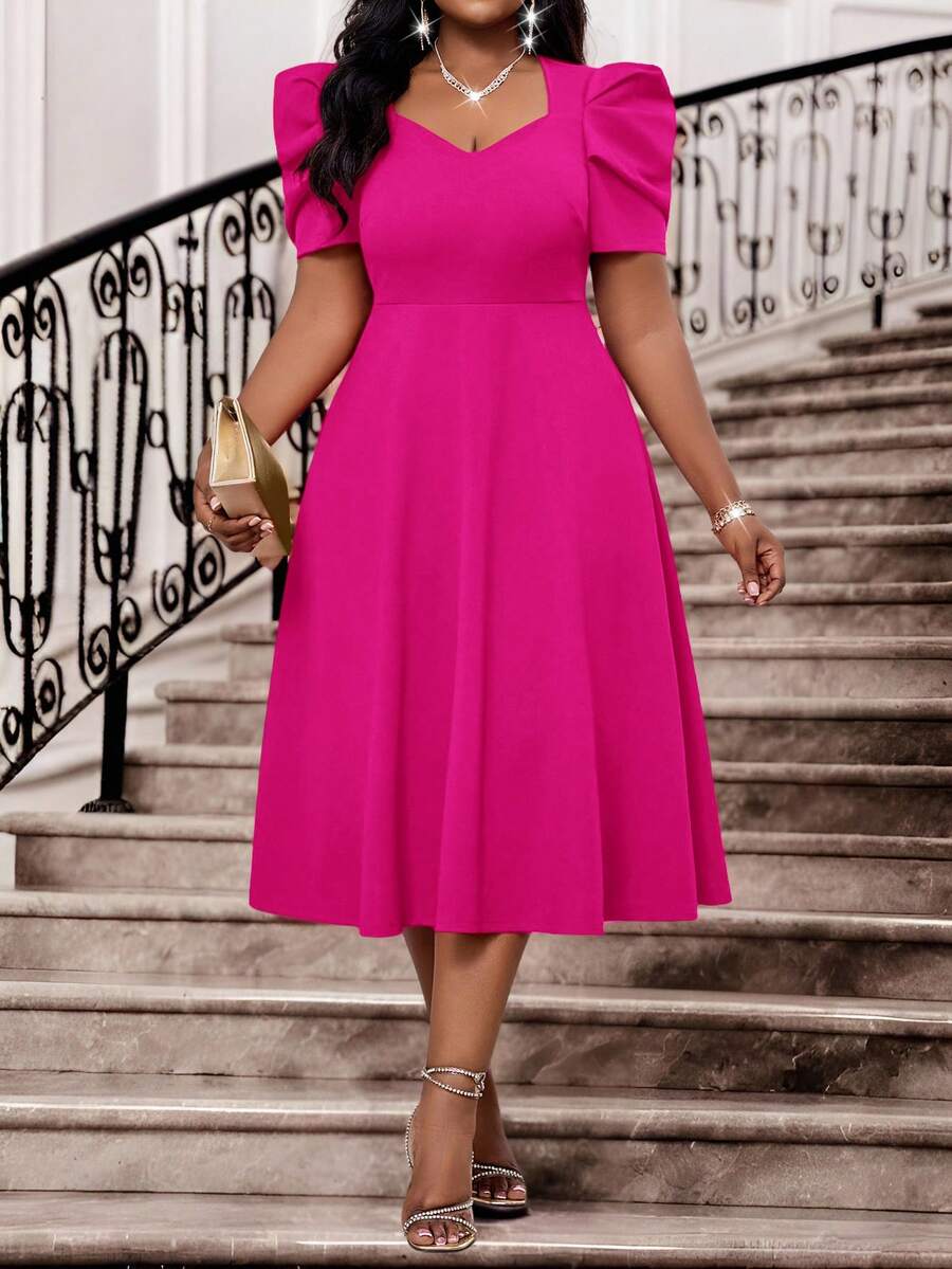 SHEIN Lady 春夏优雅通勤/办公室/派对/婚礼/鸡尾酒会/音乐会/音乐节红色针织甜心领喇叭袖羊腿袖中长短袖大码连衣裙/生日/活动礼服/婚纱/节日礼服/夏季女装/夏季连衣裙/婚礼宾客礼服/女士生日装/生日派对服装/女士节日服装/女士音乐会服装/女士邮轮服装 - 玫紅色 - 查看 1