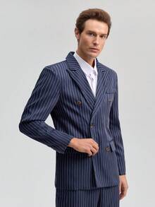 Officeau 男士两件套西装，条纹双排扣西装外套和西裤，正式商务、婚礼、派对、宴会等场合，春夏皆宜 - 藏蓝色 - 查看 3