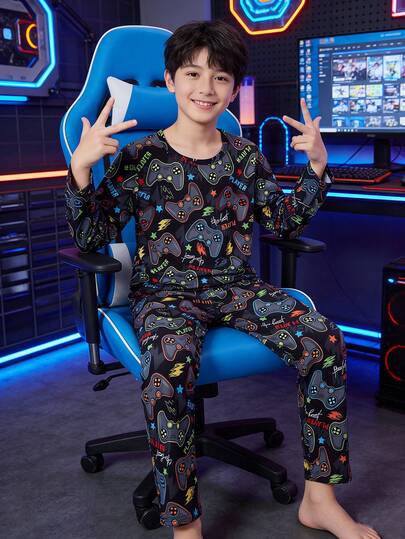 Tween Boys Pajamas-2 Piece Pajama Set Game Controller Print Black Multicolor Crew Neck Long Sleeve Long Pants Sleepwear Playtime Loungewear Bedtime Lightweight Stretchy Cozy Holiday 2026 Must Have Gift Casual Home Wear