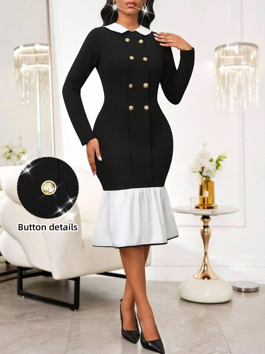 SHEIN Lady Women's Contrast Color Double-Breasted Long Sleeve Fishtail Hem Fitted Elegant Mid-Length Dress