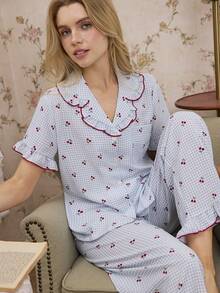 CottageSlumber Mushroom Hem Lapel Open Front Cherry Plaid Print Short Sleeve Pajama Set - Multicolor - View 1
