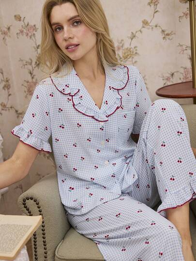 CottageSlumber Mushroom Hem Lapel Open Front Cherry Plaid Print Short Sleeve Pajama Set
