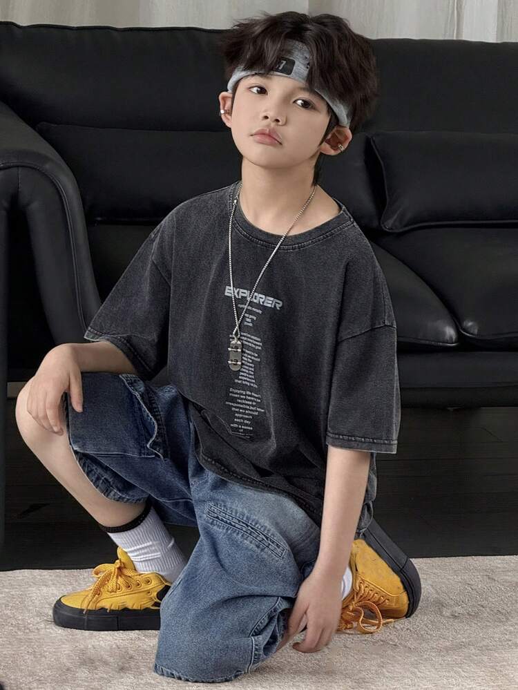 Tween Boy Slogan Print Round Neck Casual Versatile Daily Wear Short Sleeve T-Shirt Spring