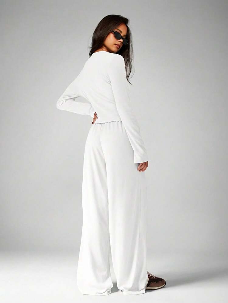 MISSGUIDED Soft Touch Long Sleeve Crop Top With Wide Leg Drawstring Pants Matching Lounge Coord Set For Comfort Daily Wear