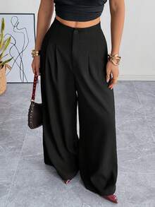SHEIN EZwear Pantalones rectos de pierna ancha con pliegues sueltos de color negro para mujer - Negro - Ver 2
