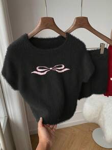 Comfortcana Women's Bow Decor Round Neck Classic Black Faux Fur Short Sleeve Knit Top And Knit Shorts Set, Spring/Summer, Christmas, New Year, Valentine's Day - Black - View 6