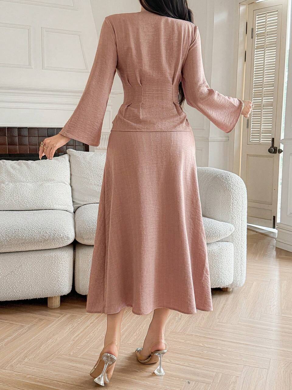 Women's Elegant Contrast Color Patchwork V-Neck Blouse And Skirt 2 Pieces Set, Spring/Summer