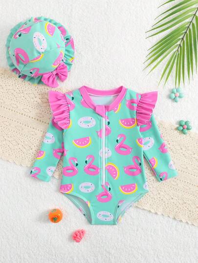 Newborn Mermaid Print Knit Fabric One-Piece Swimsuit With Ruffles, Includes Hat, Girls, Fashionable Casual Elegant, Suitable For Swimming, Vacation, Summer Summer Vacation Thermal Christmas Holiday Festival New Years Valentines Swim Baby Girl Zip Up Swimsuit Baby Girl Watermelon Swimsuit Baby Girl Flamingo Swimsuit Baby Girl One Piece Swimsuit Watermelon Flamingo Donut Pattern Zip Up  Zip Up Baby Girl Swimsuit Watermelon Flamingo Donut Print Tropical Baby Girl Bathing Suit Baby Girl Long Sleeve Swimsuit Flamingo Watermelon Print Long Sleeve Zip Up Swimwear Tropical Baby Girl Swimsuit Watermelon Baby Swimsuit Flamingos Baby Swimsuit