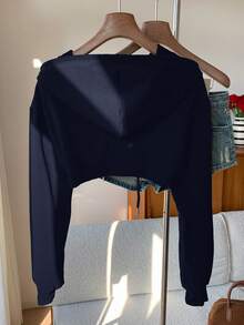 SHEIN EZwear Sudadera corta con detalle de cordón, en negro y blanco, tops de manga larga para otoño/invierno - Azul Marino - Ver 2