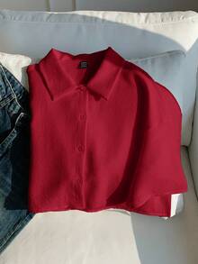 Comfortcana 女士休闲日常通勤简约纯色落肩宽松短款衬衫，春夏秋季 - 酒紅色 - 查看 3