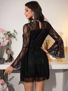 Modelyn Đầm ngắn dáng chữ A tay xòe thanh lịch với ren và ngọc trai trang trí, kiểu dáng vừa vặn, thích hợp cho mùa xuân/thu. - màu đen - Xem 2