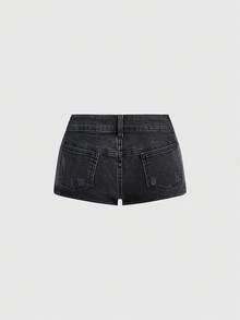 ROMWE Quần short denim đen nữ với họa tiết thêu hoa ở mặt trước, quần short mùa hè thời trang năng động. - màu đen - Xem 2