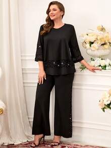 Miaspire Conjunto de 2 piezas de talla grande con parches de malla y lentejuelas - Negro - Ver 2