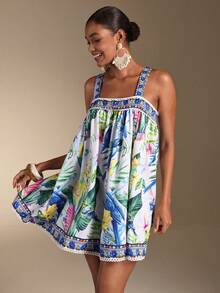 SHEIN Veneréa Summer Vacation Beach Loose Floral Ruffle Peplum Dress For Women