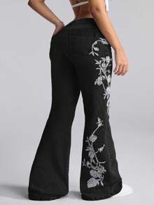 Jeanoix Quần jeans ống loe thêu hoa cỡ lớn, thường ngày, đa năng cho nữ - Màu xanh lam - Xem 2