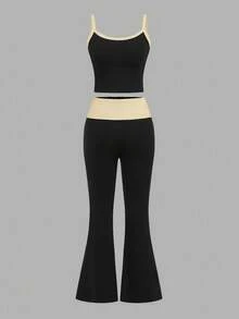 SHEIN EZwear Summer New Design Color Block Tie Strap Camisole And Long Pants Set, Suitable For Spring/Summer - Apricot - View 2