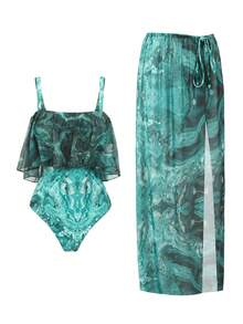 Swim Oasis 夏季女士绿色大理石纹荷叶边吊带连体泳衣，配可拆卸肩带和串珠长裙，优雅泳装套装 - 墨綠色 - 查看 2