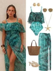 Swim Oasis 夏季女士绿色大理石纹荷叶边吊带连体泳衣，配可拆卸肩带和串珠长裙，优雅泳装套装 - 墨綠色 - 查看 1