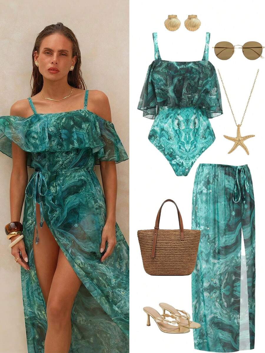 Swim Oasis 夏季女士绿色大理石纹荷叶边吊带连体泳衣，配可拆卸肩带和串珠长裙，优雅泳装套装 - 墨綠色 - 查看 1