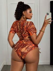 Slaydiva New Floral Print Criss-Cross Back Plus Size Swimwear Set, Plus Size Backless Bikini - Orange - View 2