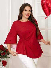 SHEIN Clasi 大码女士浪漫不规则袖心形印花优雅衬衫，适合春夏季节、情人节、生日、春假等场合穿着。 - 彩色 - 查看 6