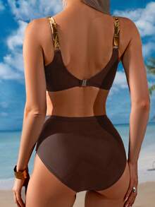 Swim Lushoire Bộ bikini nữ gợi cảm họa tiết nhiệt đới, kiểu dáng xoắn phía trước, thích hợp cho kỳ nghỉ biển. - màu nâu - Xem 2