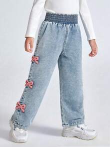 SHEIN Girls' Minimalist Ditsy Floral Back Pocket Skinny Flare Jeans - Light Wash - View 4