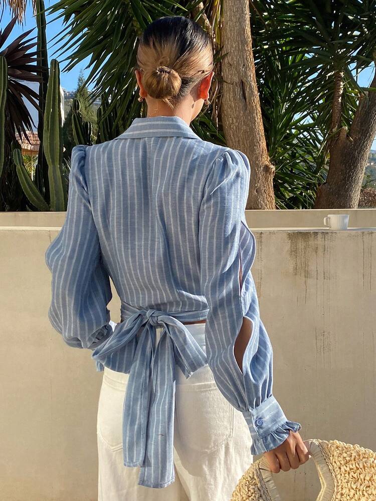 Women's Elegant Striped Tie-Up Puff Sleeve Blouse, Spring/Summer Vacation