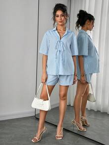 SHEIN 两件套条纹舒适系带孕妇装 - 彩色 - 查看 6